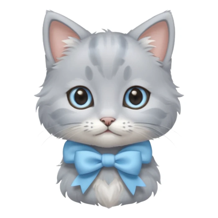 cute fluffy gray kitten with a light blue bow, ghibli style sticker
