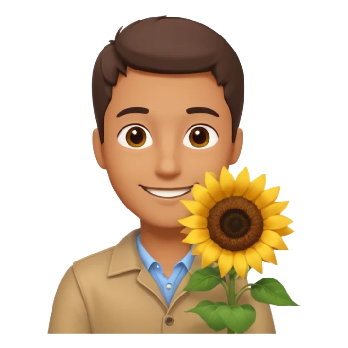 man holding a sunflower portrait, head and shoulders only, gentle smile, sunflower visible in hand, warm positive vibe, 3D cartoon style, mobile game icon style, clean background, no text, no watermark
 sticker