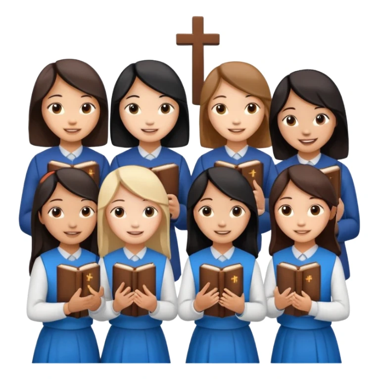 eight asian girls talking to each other holding bibles and crosses sticker