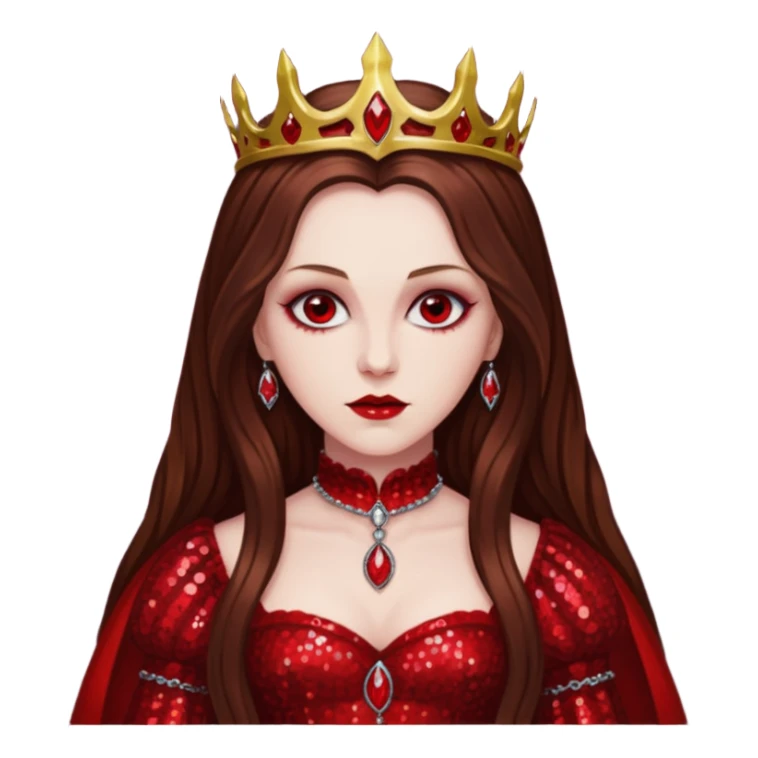 Countess Bathory with long brown hair, red sequin outfit sticker