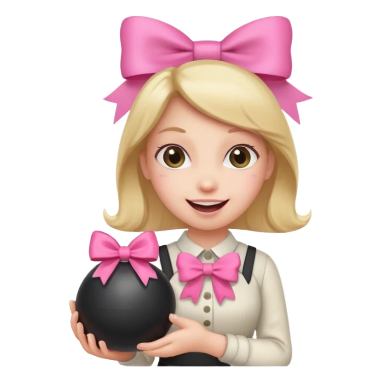A happy face holding a bomb and the bomb has a cute pink bow sticker