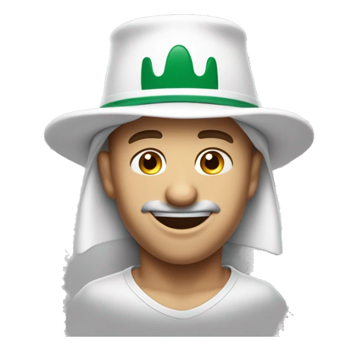 Cubby white wearing white saudi hat with only mustache smiling in a cheesy way lifting his eyebrows with a bit sleepy eyes has one missing tooth smiles with his teeth showing sticker