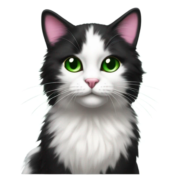 Black and white fluffy cat with black over both eyes pink nose green eyes and black dot on chin sticker