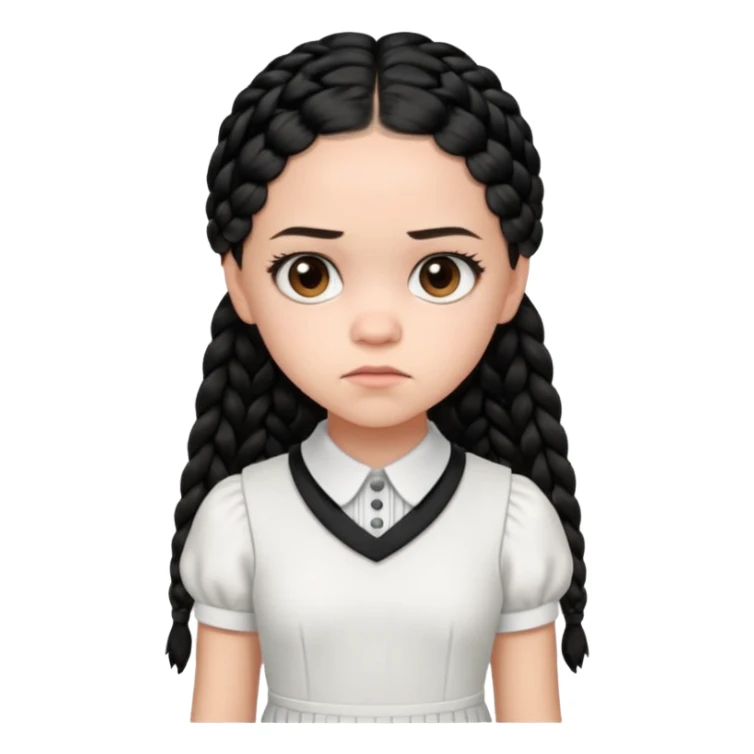 Draw Jenna Ortega with pale skin, black braids, white-collared dress & serious expression. sticker