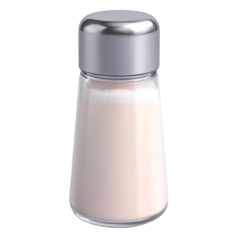 Make a salt emoji with no face that looks exactly like the reference image, in iOS emoji style. 3D, shiny, smooth gradients, soft shadows, realistic salt shaker shape, metallic lid, no face. Add a soft shadow under the shaker. sticker