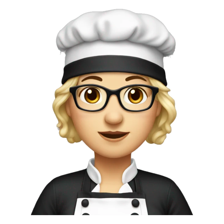 a female chef, chubby, mature,dark eyes , glasses, black apron, black hat sticker
