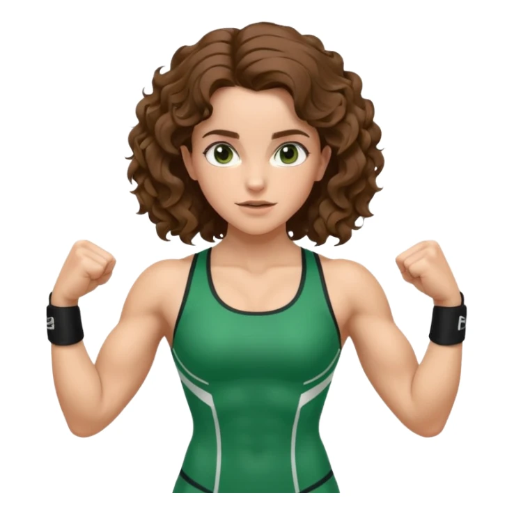 flexing muscles, big biceps, muscled torso, very beautiful italian girl, looking like Emma Watson, with curly and big volume very bright brown hair, dressed in a beautiful green sports costume sticker