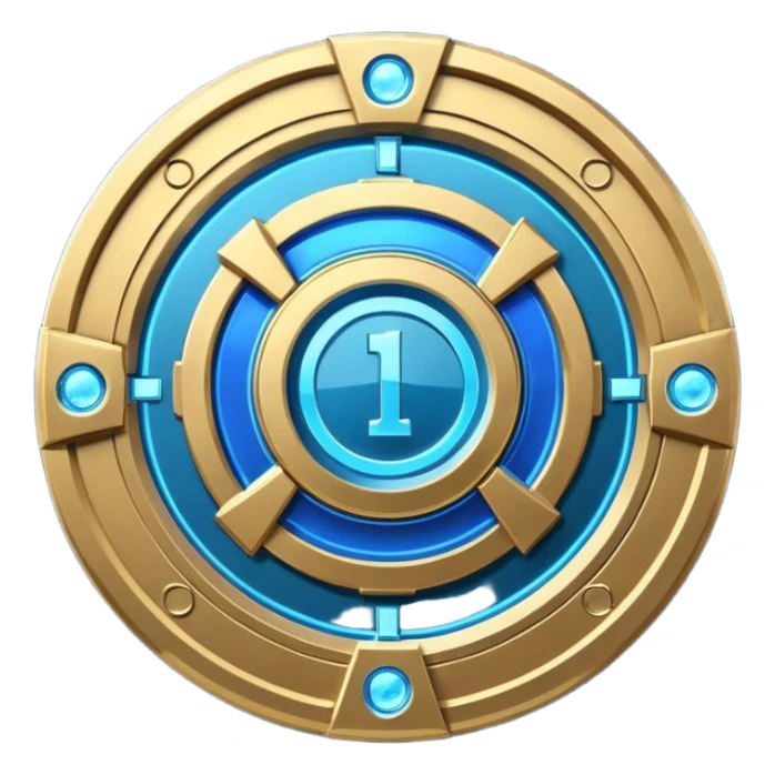 Futuristic anniversary medal badge, circular emblem with embossed Roman numeral I, metallic gold finish with electric blue glow accents, subtle outer energy ring, sci-fi web3 game UI style, polished 3D game asset, dark background, centered composition, high detail sticker