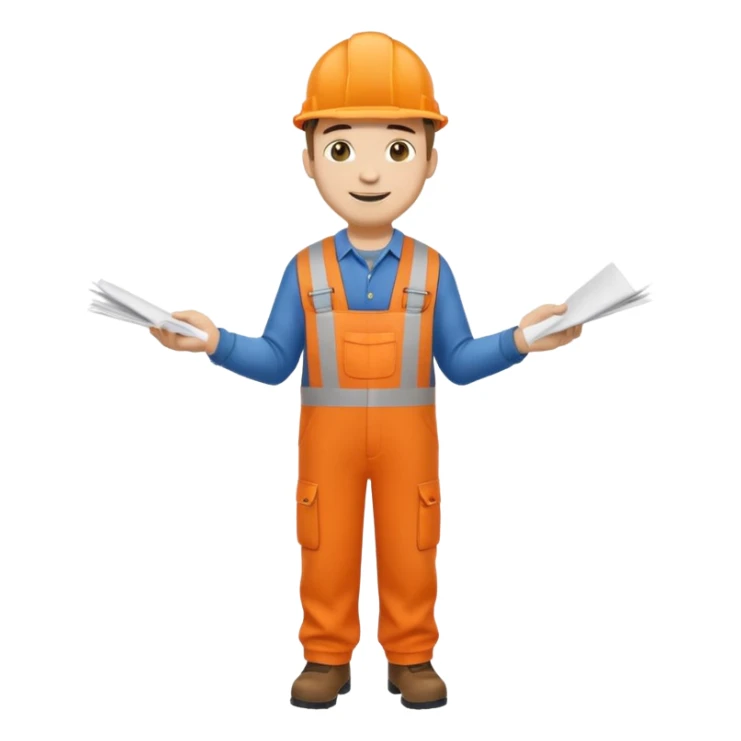 railway engineer full body in orange overalls, carrying one piece of paper with both hands in front of him sticker