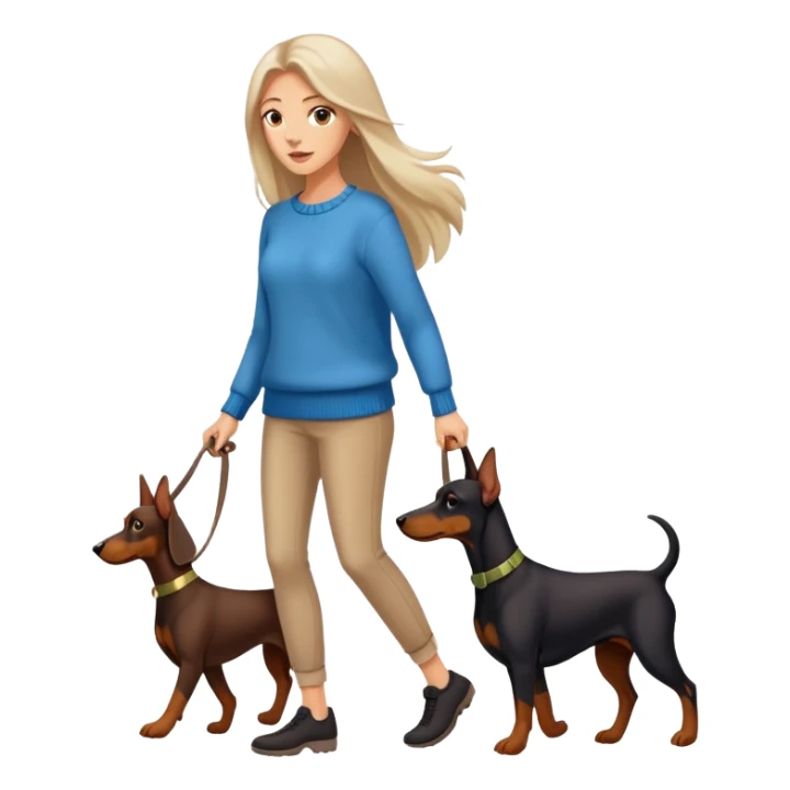 A beautiful long-haired white woman wearing a sweater walking a Doberman sticker