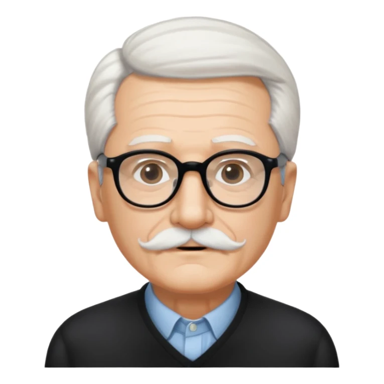 An elderly man with neatly combed white hair swept back, giving a tidy and classic look, and wears black rectangular glasses. His face is oval-shaped with  a small white mustache above his lips.d. sticker
