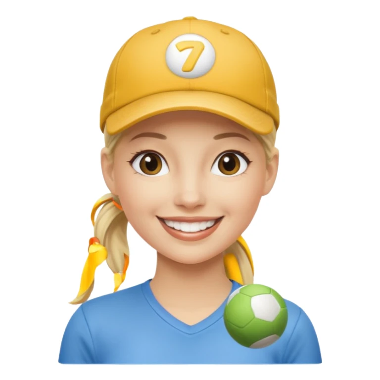 blond woman, pony tail, ball cap sticker