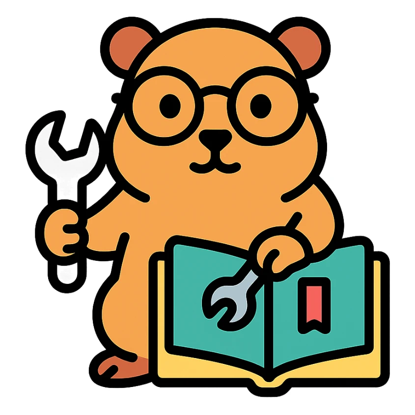 studious guinea pig with glasses, holding a wrench and fixing a book, color outline icon sticker