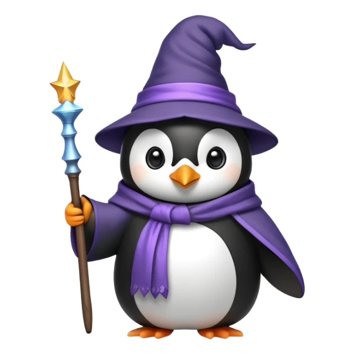 Penguin wearing a wizard hat and robe, holding a magic wand sticker