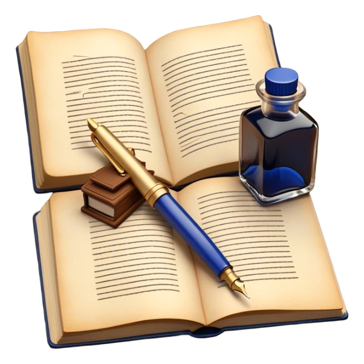 Create a vibrant emoji representing prose writing. The design should feature an open book with pages showing unfinished prose, a classic fountain pen or quill with black or dark blue ink, and an ink bottle (inkwell) next to it. The pages should have visible lines of text, but some should remain unfinished, symbolizing the creative process. Use warm, earthy tones like brown, gold, and cream for the book and background, with the ink and pen in black or dark blue. The emoji should convey the idea of storytelling, creativity, and the unfinished nature of literary work. Make the background transparent. sticker