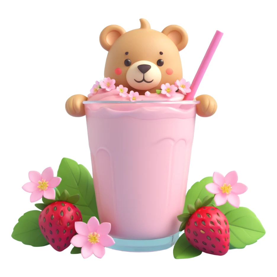 A strawberry milkshake cup with a straw, a cute bear peeking out, two strawberries with green leaves, and pink cherry blossom flowers, in 3D iOS style, pastel colors, soft shadows, clean and minimalistic design sticker