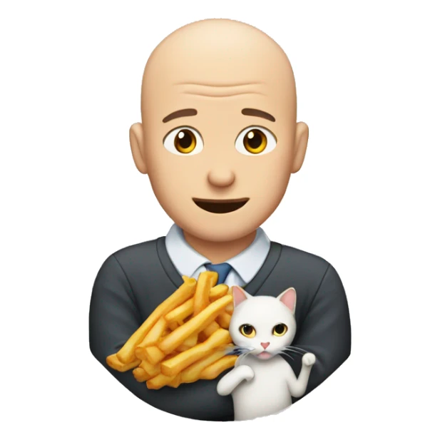 Bald man eating a fry hugging a cat sticker