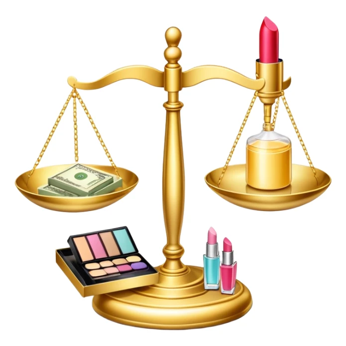 gold scale with dollars on one side and beauty products like lipstick, perfume, makeup on the other sticker