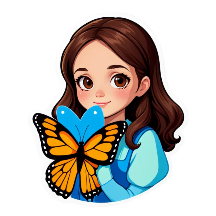 Brown haired girl holding big butterfly  sticker