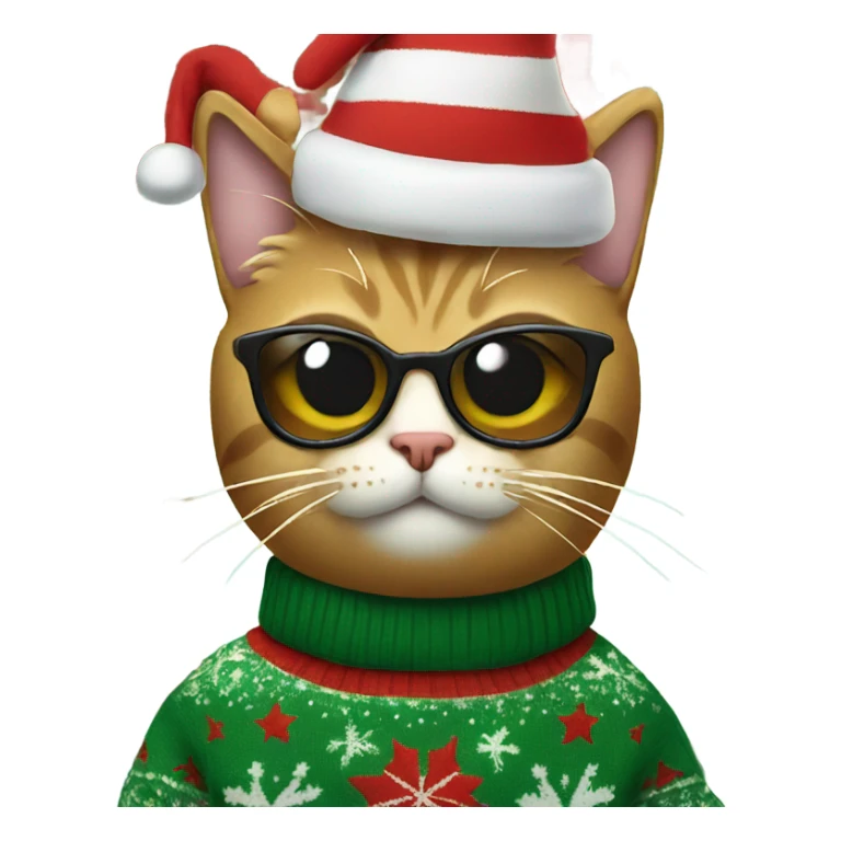 cat wearing a christmas sweater with sunglasses sticker