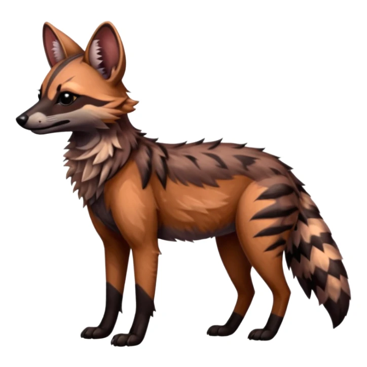 Realistic edgy reddish brownish silvery coppery Shiny Colorful Dusky Dark Gloomy Glossy Aardwolf-Maned-Wolf-Genet-Bobcat-fusion-animal-hybrid-creature, full body sticker