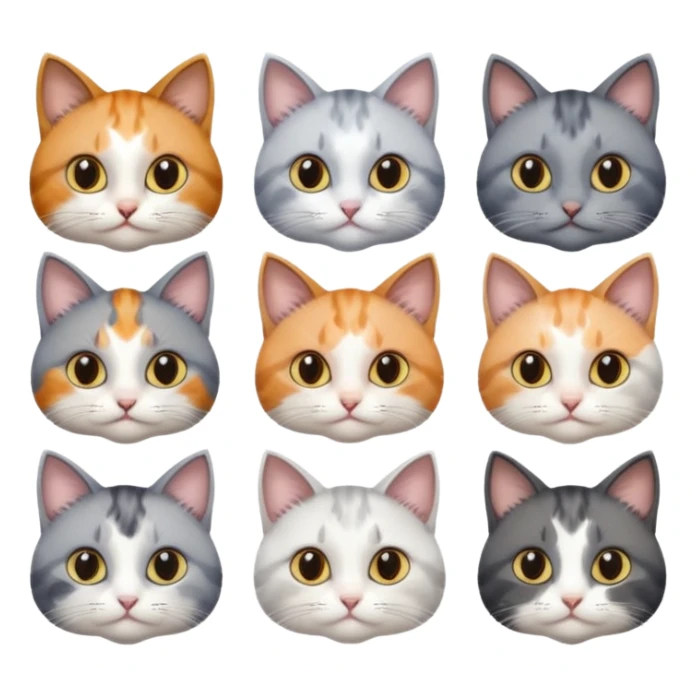 6 realistic looking cats with different natural coloured coats, assorted grey and white, greys, calico colours etc
 sticker