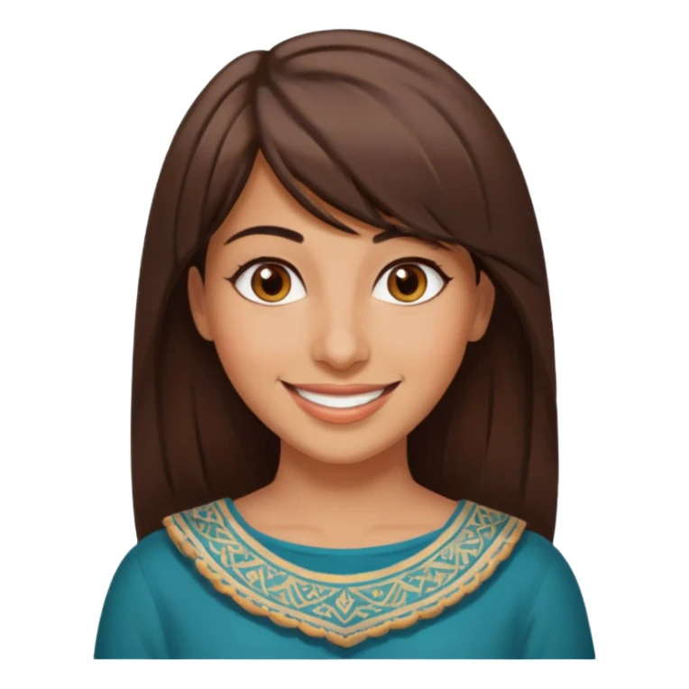 30 yr old middle eastern woman straight brown hair side bangs big smile tanned skin brown eyes sticker