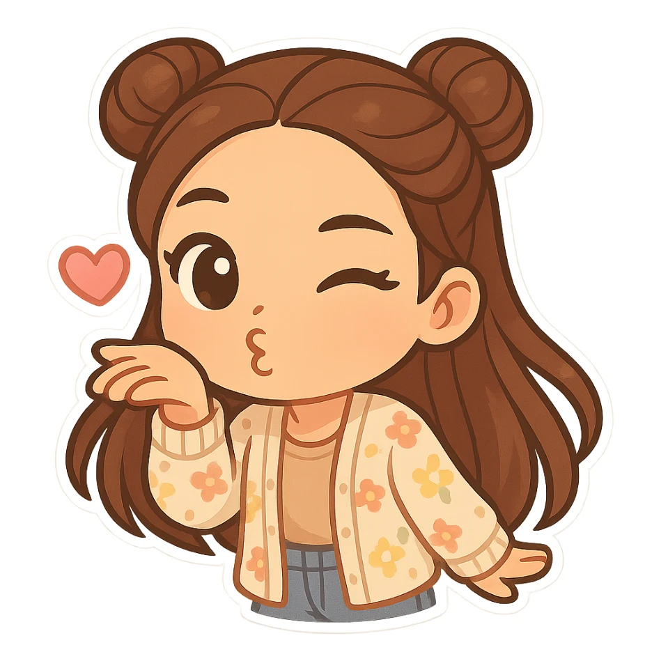 Create a chibi sticker of the girl from the reference image, blowing a kiss and winking. She has brown straight hair styled in double buns, brown eyes, wearing a pastel floral cardigan and jeans. The sticker should have a white outline and a transparent background, sized 512x512px. sticker