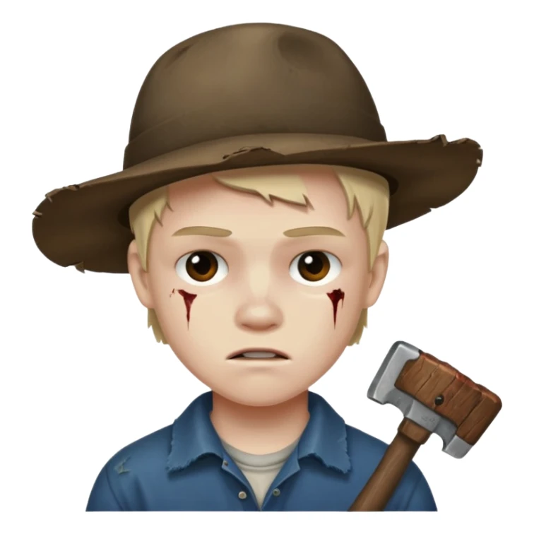 13 y/o Brian robeson at the beginning of Hatchet
distressed, has hatchet, bruised sticker