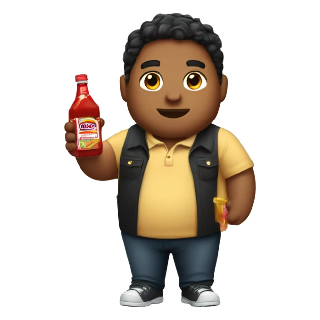 Chubby Guatemalan black polo holding a bottle of ketchup sticker