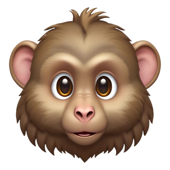 Cinematic Cute Baboon Portrait Emoji, Head tilted playfully and inquisitively, featuring a vibrant Fur of earthy browns with expressive, round, sparkling eyes filled with curiosity, Simplified yet irresistibly adorable features, highly detailed, glowing with a warm, friendly glow, high shine, affectionate and spirited, stylized with a touch of urban whimsy, bright and endearing, soft glowing outline, capturing the essence of a mischievous yet loving baboon, so playful it feels like it could leap out of the screen and into your arms! sticker