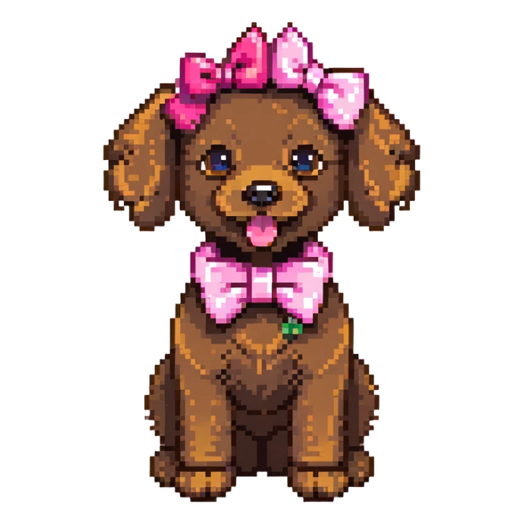 cute brown poodle with a pink bow on its head and tail, tongue sticking out, and a pink collar sticker