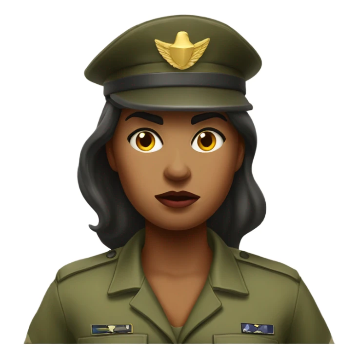 a female drill sergeant character wearing a classic sergeant hat and a camouflage army shirt. The character should have an angry intense expression. full torso sticker