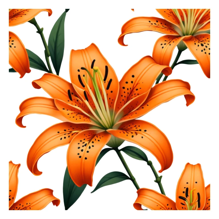 Japanese style tiger lily (oniyuri) flower in ukiyo-e inspired design, bright orange petals with distinctive black spots, curved-back petals, traditional composition like in Japanese woodblock prints sticker