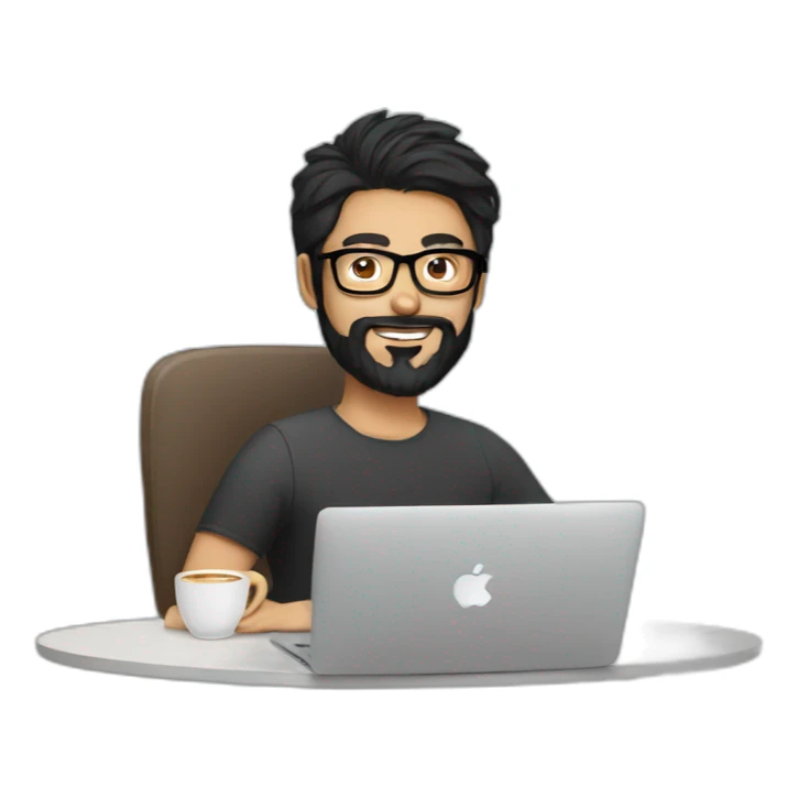 Designer with black hair, beard and glasses working with MacBook and drinking cappuccino  sticker