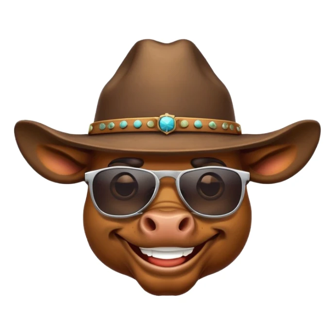 smiling bull head with prominent horns, dark sunglasses, and cowboy hat sticker