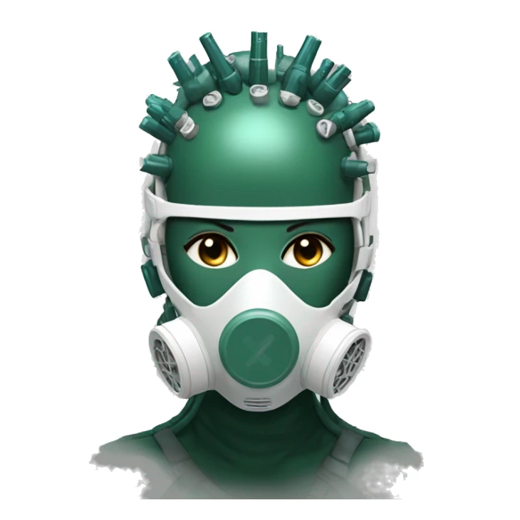 Dark green Mohawk female cyborg head with white respirator mask and circuits sticker