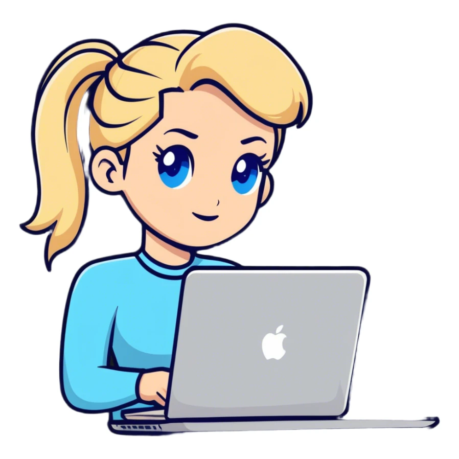 Blonde woman ponytail blue eyes with MacBook sticker