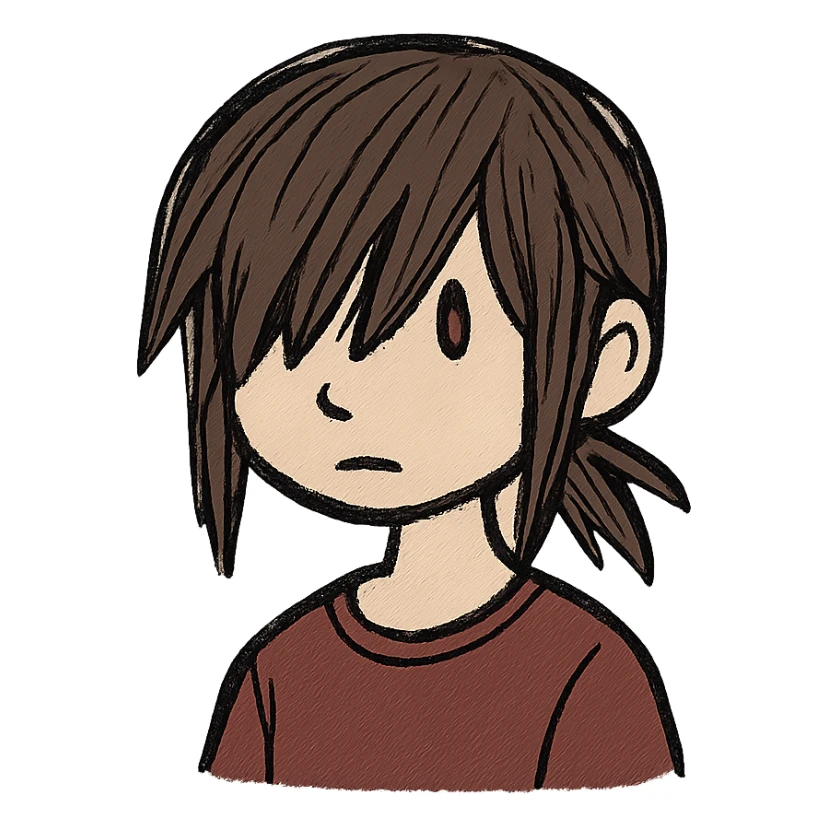 A boy with bangs covering his eyes, long hair sticking out at the back, and long side locks. He has brown eyes and dark brown hair, and is wearing a maroon t-shirt. sticker