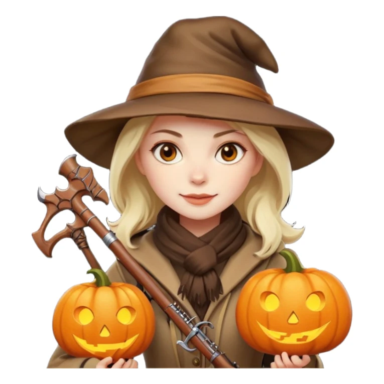 female human monster hunter emoji, wearing brown coat and hat, holding crossbow, soft smile, scarf, glowing pumpkin by her side, Halloween fantasy style, clean vector Apple emoji look, bright colors, white background, square sticker