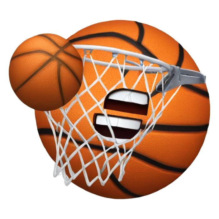 A basketball emoji dunking itself through a hoop with a happy grin sticker