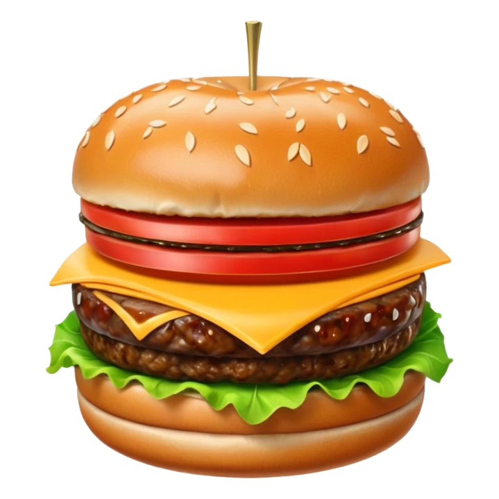 A classic single patty hamburger emoji, 3D Apple style, glossy and colorful. Soft rounded bun with sesame seeds, one beef patty, fresh lettuce, tomato slice, melted cheese, realistic but cartoonish look, clean white background sticker