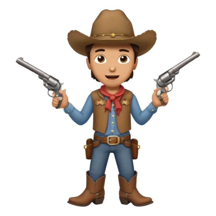 A young cowboy with oversized boots, excited expression, and a tiny toy revolver.
 sticker