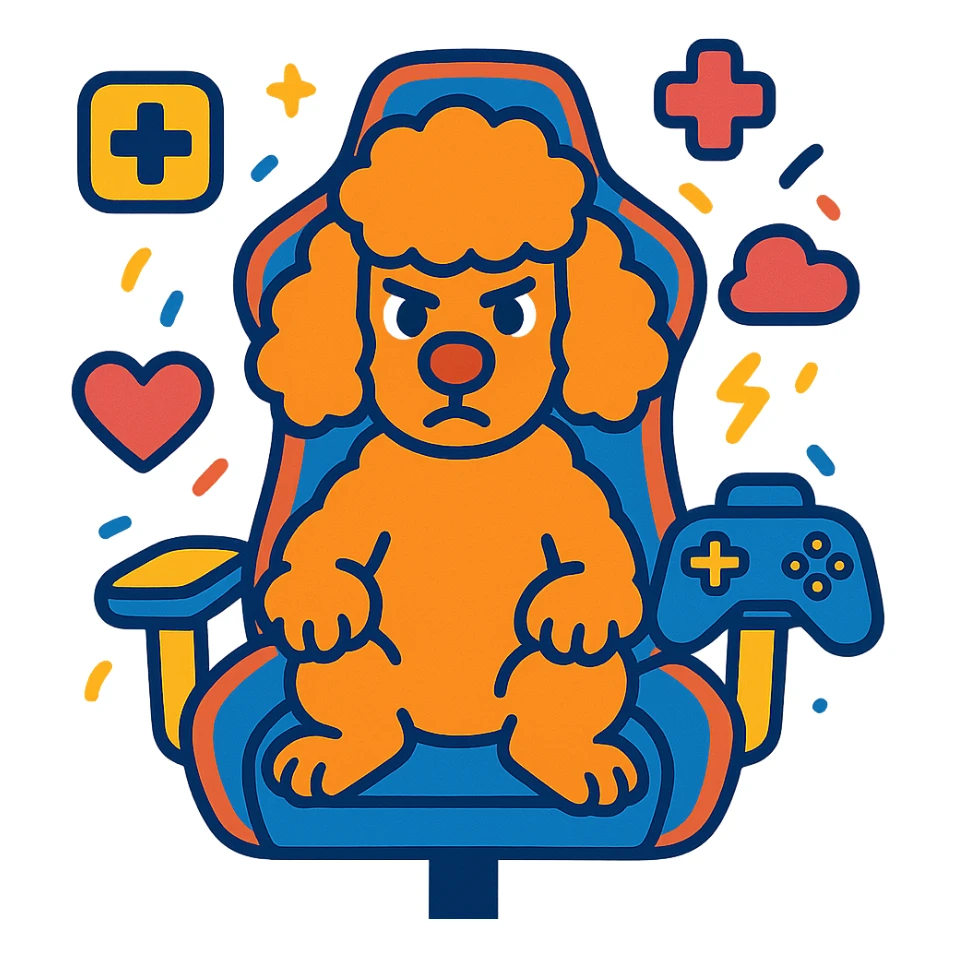 poodle dog in a gaming chair with focused expression surrounded by game icons, vibrant colors sticker