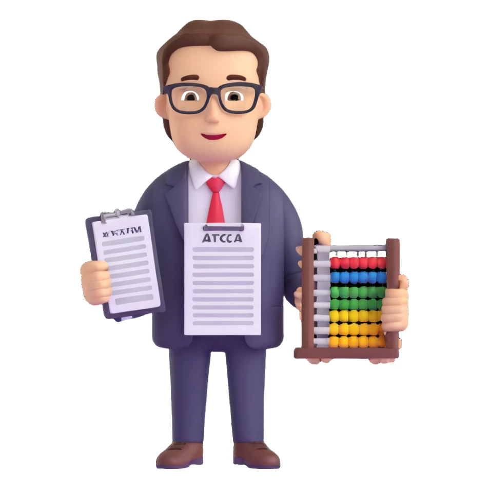 male accountant with tax forms, abacus and spreadsheet sticker
