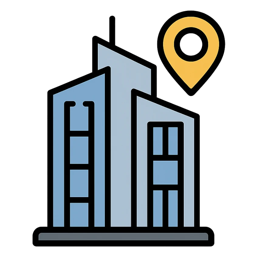 premium location icon, modern glass skyscraper, silver and blue shades, premium, urbanism, concise style sticker