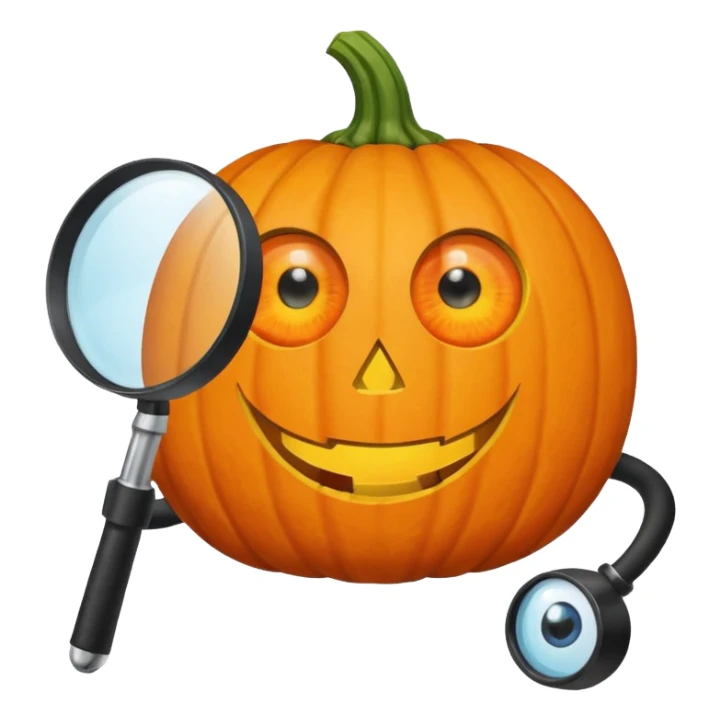 A pumpkin smiling at a magnifying glass (the magnifying glass has limbs and a suit thats black, the magnifying glass also has a eye, looks like a cyclops eye, one eye in the middle) sticker