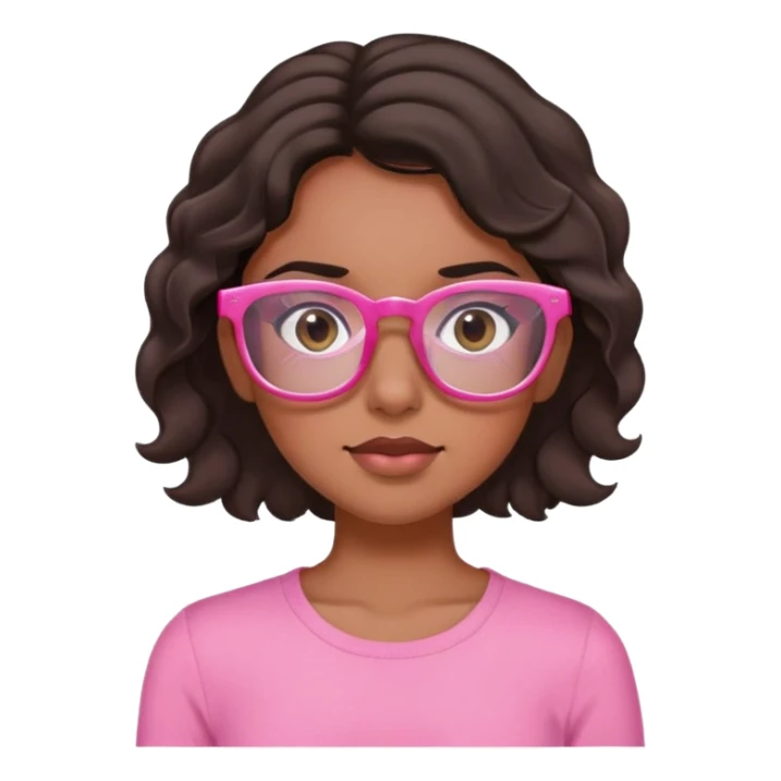 Brown brunette girl, with black wavy hair, black eyes, pink rectangular glasses and pink top rolling her eyes sticker
