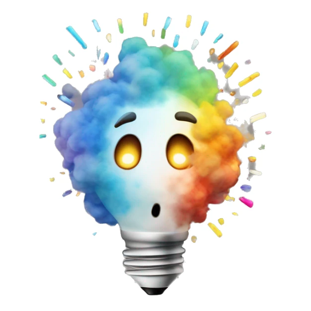 emoji like exploding head but instead of smoke and fire coming out of the head, use light bulbs, confetti and colors representing ideas sticker