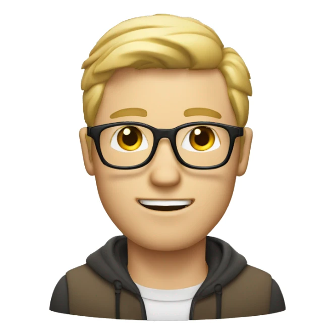 white man with blond hair, thin glasses and brown eyes and a thin face, a computer is right in front of him sticker